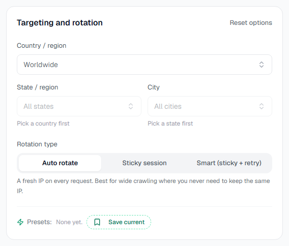The Targeting and rotation panel on a Residential service's Setup tab: preset chips, country, state and city selectors, rotation type, and the generated proxy list