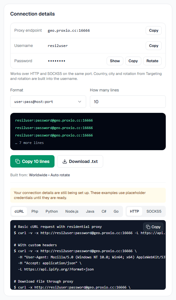 The Setup tab: Targeting and rotation next to Connection details, with the proxy endpoint, username and password, each with a copy button