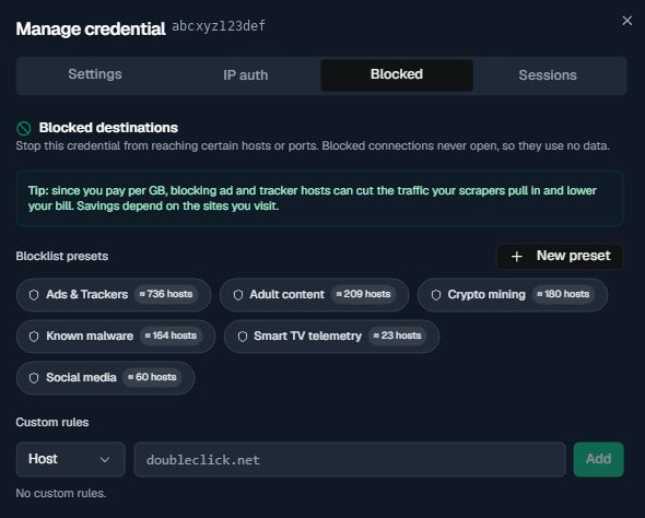 The credential management dialog on its Blocked tab, showing blocklist presets like Ads & Trackers plus a custom host rule