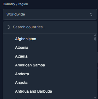 The country selector in the dashboard with its searchable list of available countries