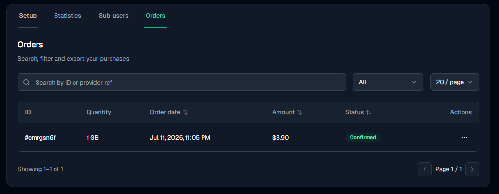 A service's Orders tab: searchable order list with ID, quantity, date, amount and status
