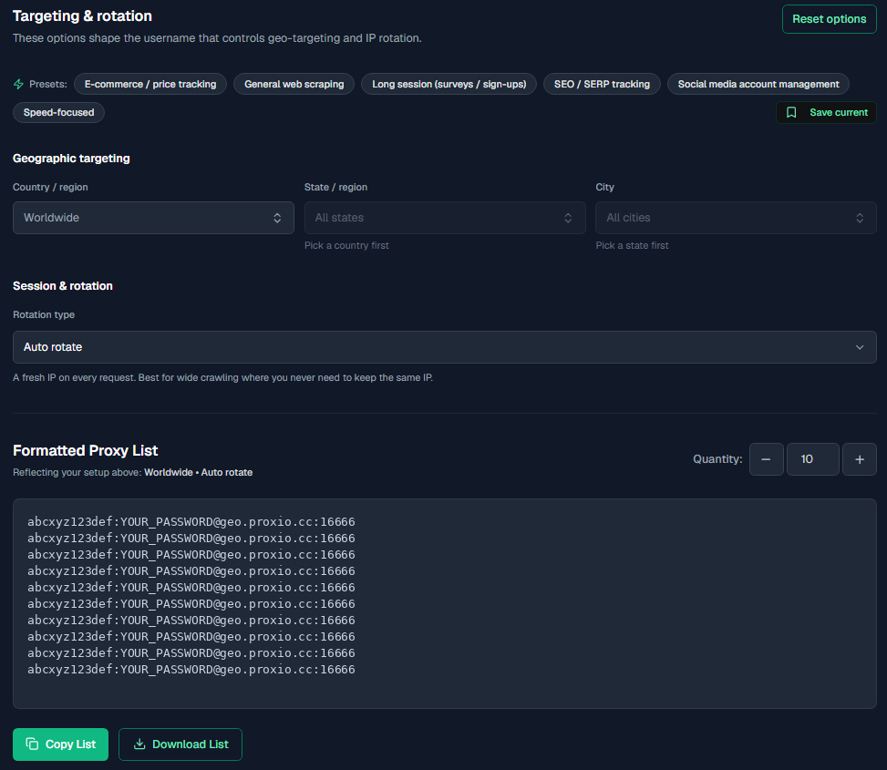 The Targeting & rotation panel in the dashboard: preset chips, geographic targeting selectors, rotation type, and the generated proxy list