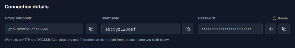 The Setup tab's Connection details: proxy endpoint, username and password, each with a copy button