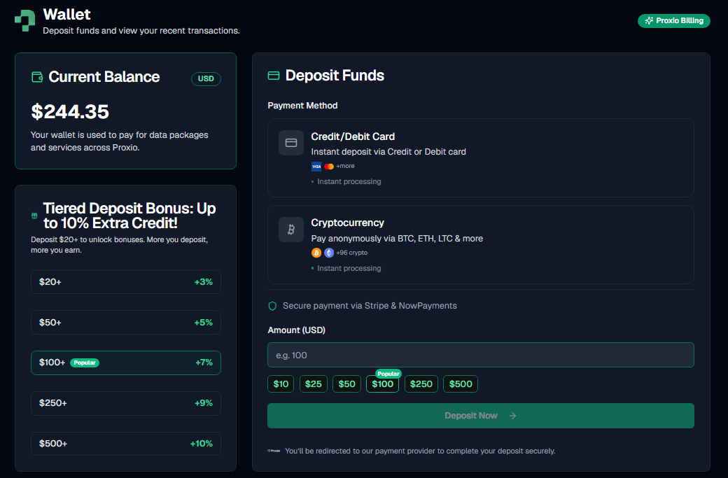 The Wallet page: current balance, the tiered deposit bonus ladder, and the Deposit Funds panel with card and crypto options